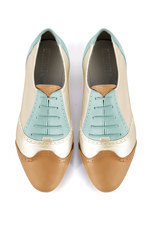 Camel beige, gold and aquamarine blue women's fashion lace-up shoes. Round toe. Flat leather soles. Top view - Florence KOOIJMAN